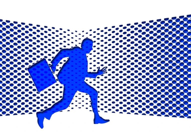 a blue silhouette of a man with a briefcase, a digital rendering, perforated metal, fleeing merchants, dynamic!!, ito