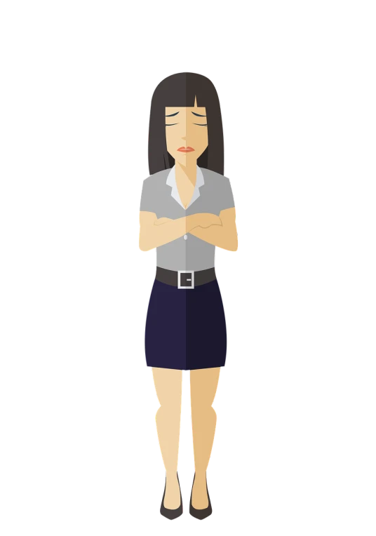 a woman standing with her arms crossed, inspired by Takehisa Yumeji, pixabay, conceptual art, crying! android! woman, female in office dress, low key, female with long black hair