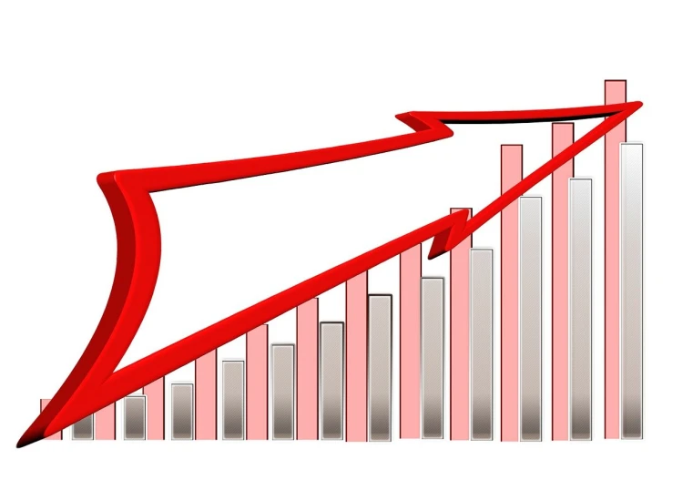 a red arrow pointing upward on a bar chart, trending on pixabay, happening, growth of a couple, aluminium, bending down slightly, taken from the high street