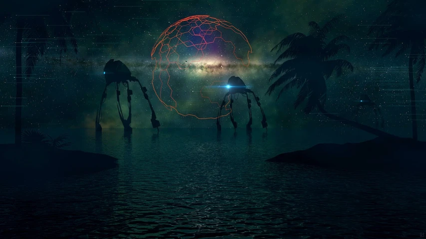 a group of people standing on top of a body of water, digital art, space art, focus on two androids, bioluminescent orbs, old humanoid ents, the palms come from the depths