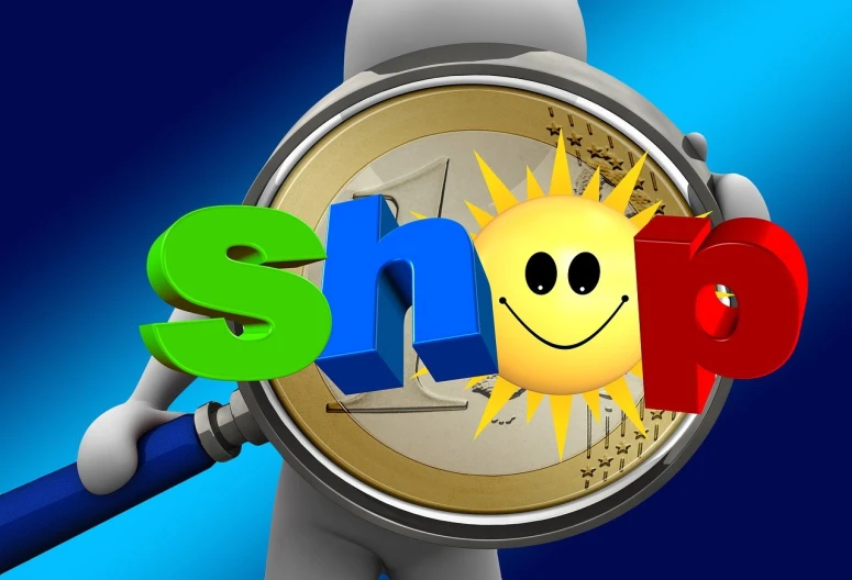 a person holding a magnifying magnifying a shop sign, a stock photo, by Douglas Shuler, trending on pixabay, toyism, happy sunny day, smiling!! fantasy, stock photo, money