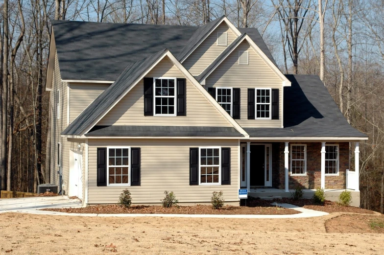 a house with a driveway in front of it, shutterstock, black roof, 3 4 5 3 1, house windows, house in forest