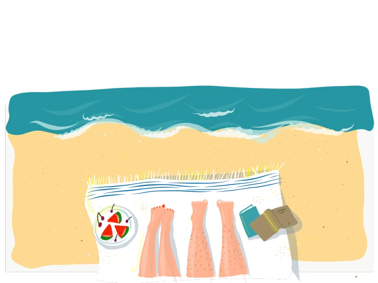 a person laying on a towel on the beach, an illustration of, naive art, high contrast illustration, bare leg, cut-scene, whole page illustration