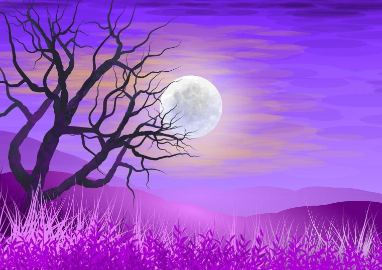 a tree in a field with a full moon in the background, inspired by Eyvind Earle, digital art, purple beautiful sky, dead forest background, a beautiful artwork illustration, hills