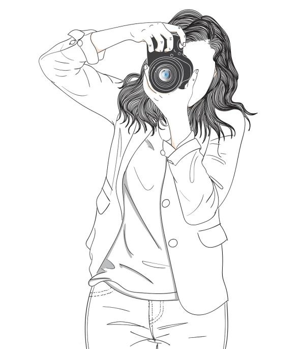 a woman taking a picture with a camera, a picture, line-drawing, stylish pose, dslr, wave a hand at the camera