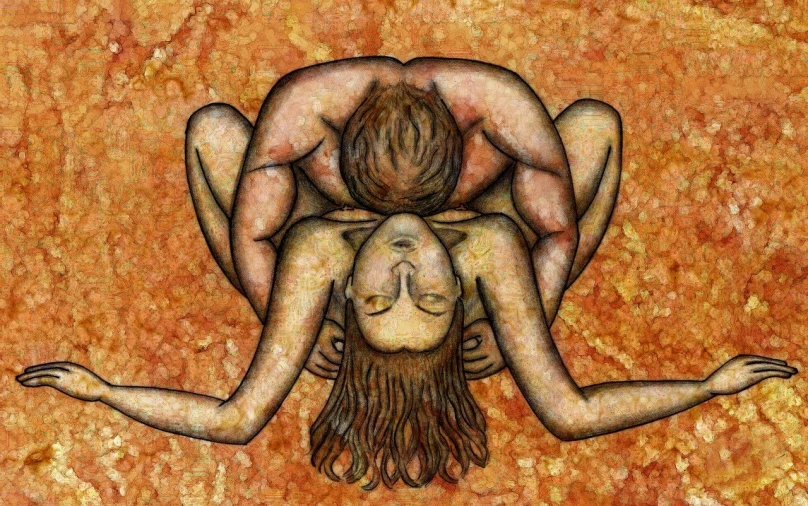 a painting of two women sitting on top of each other, a digital rendering, inspired by Hans Baldung, flickr, figurative art, top-down view, yoga pose, ochre, couple kissing