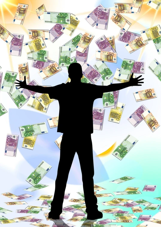 a man standing in front of a lot of money, pixabay contest winner, figuration libre, single silhouette figure, very very happy!, oversaturated, floating