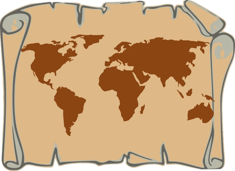 a scroll with a map of the world on it, a cave painting, by Tom Carapic, pixabay, cel shaded vector art, copper, world war ii, deck