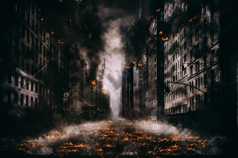 a city filled with lots of tall buildings, digital art, pixabay, digital art, destroyed city on fire, dark street, photo still, ground explosion