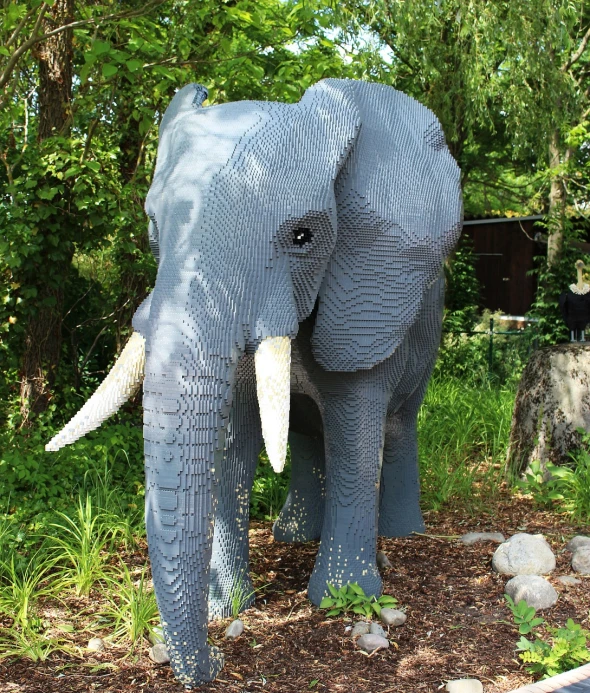 a statue of an elephant made out of legos, flickr, new sculpture, real picture taken in zoo, oland, photo taken in 2018, large noses