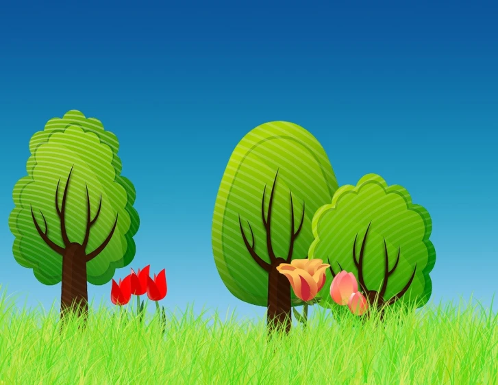 a couple of trees sitting on top of a lush green field, polycount, naive art, psychedelic flowers and trees, banner, papercraft, no gradients