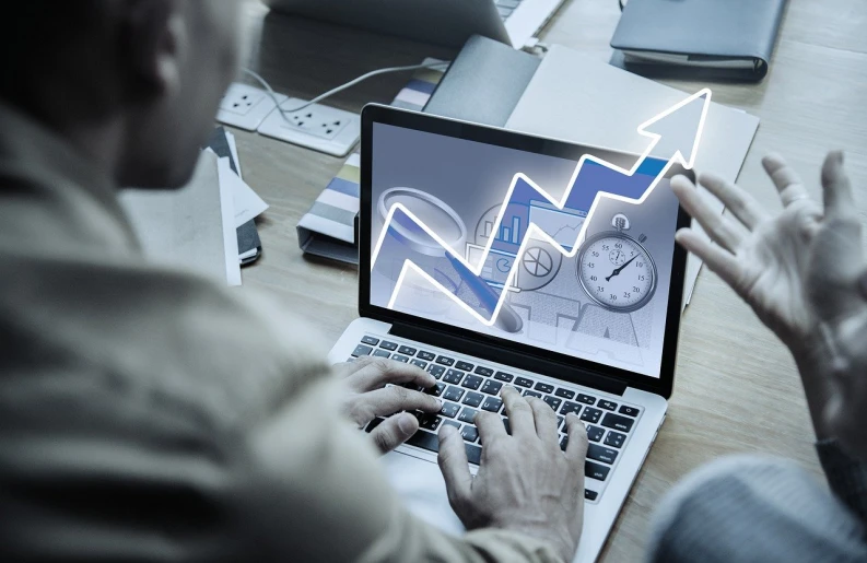 a man sitting at a desk using a laptop computer, a digital rendering, analytical art, stats, trending photo, packshot, growth