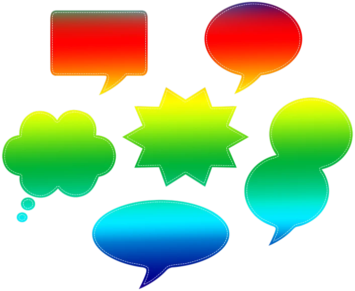 a group of colorful speech bubbles on a black background, digital art, rainbow iridescent accents, seams, clipart, uploaded