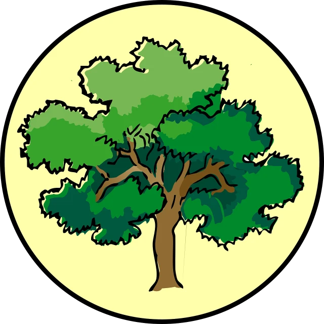 a picture of a tree in a circle, by Susan Heidi, pixabay, arts and crafts movement, cell shaded cartoon, yellowish full moon, big green tree, bushveld background