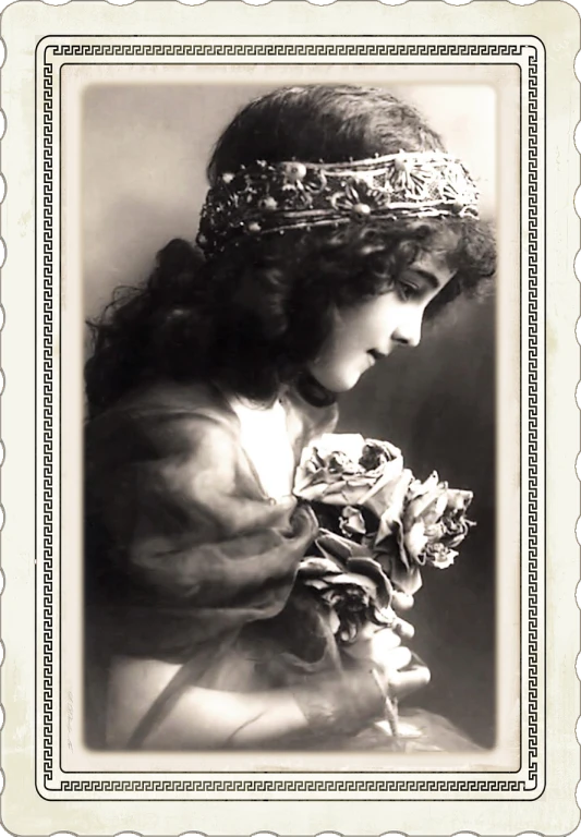 a black and white photo of a woman holding flowers, inspired by Margaret Brundage, flickr, art nouveau, jeweled crown, beautifully soft lit, aged 13, beautifully framed