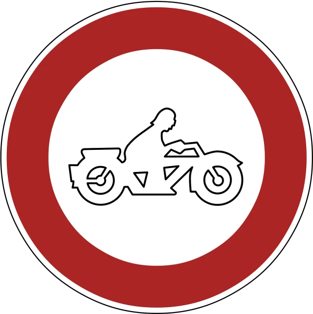 a red and white sign with a picture of a person riding a motorcycle, vector art, by Jan Zrzavý, pixabay, conceptual art, forbidden, round, white outline, roadster