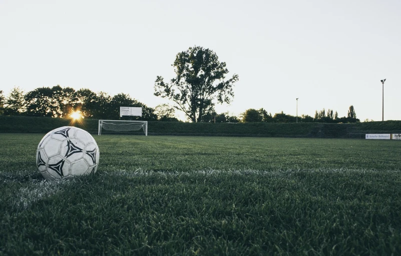 a soccer ball sitting on top of a lush green field, a picture, by Jesper Knudsen, in the evening, banner, morning shot, on a soccer field