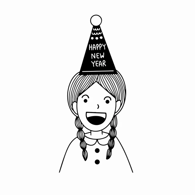 a black and white drawing of a woman wearing a party hat, a cartoon, inspired by Takehisa Yumeji, happening, trend on behance illustration, happy kid, new years eve, greta thunberg smiling