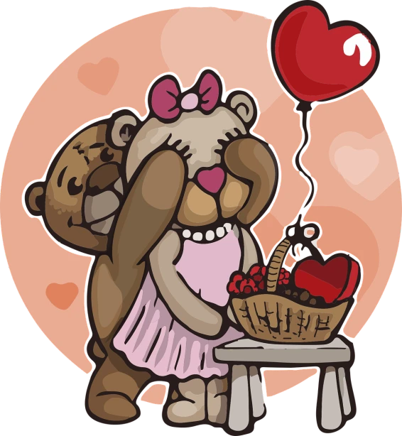 a teddy bear holding a heart shaped balloon, by Valentine Hugo, pixabay, furry art, anthropomorphic otter in costume, the woman holds more toys, [[[[grinning evily]]]], bottom angle