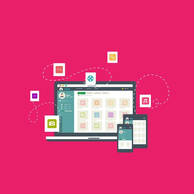 a laptop, phone and tablet on a pink background, by Kurt Roesch, squares, green colored theme, app design, busy