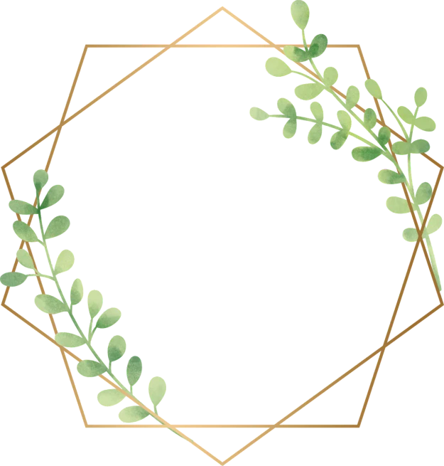 a gold hexagon frame with green leaves, digital art, pixabay, black design, willowy frame, cutie, no text