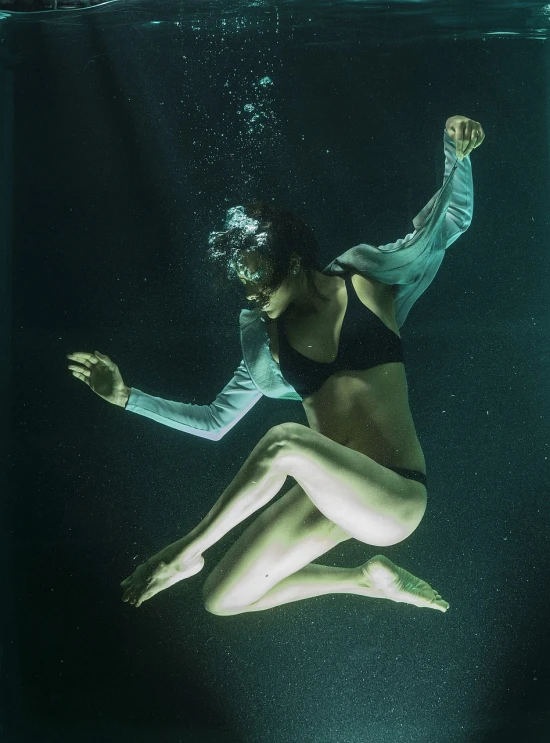 a woman in a bikini swims under water, by Maciej Kuciara, figuration libre, dynamic dance photography, ripley scott, 2 0 1 4, hydropunk