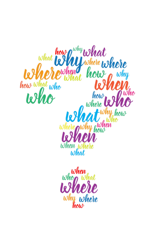 a question mark made out of words on a black background, a picture, colorful illustration, wandering, where a large, who