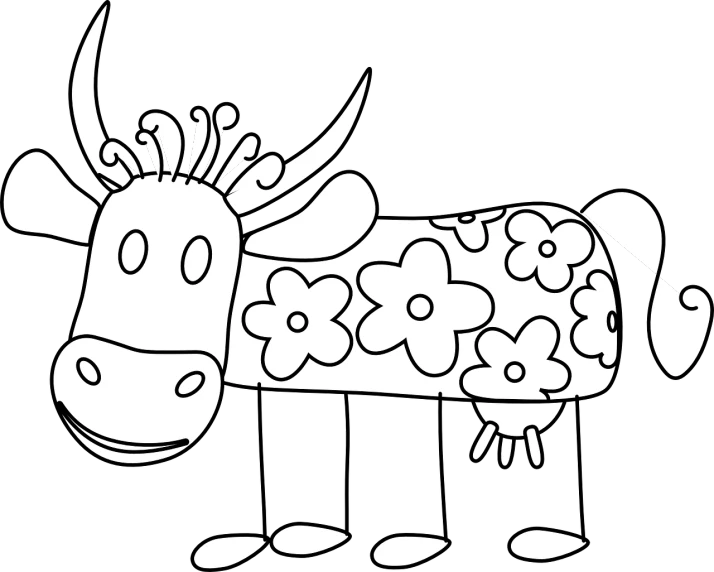 a black and white drawing of a cow, a cartoon, by Bjørn Wiinblad, pixabay, graffiti, depicting a flower, transparent background, 3840 x 2160, mapo tofu cartoon