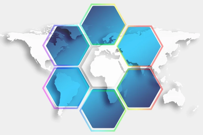 a group of hexagons with a world map in the background, an illustration of, regionalism, an illustration, multilayer, enhanced photo, colored illustration