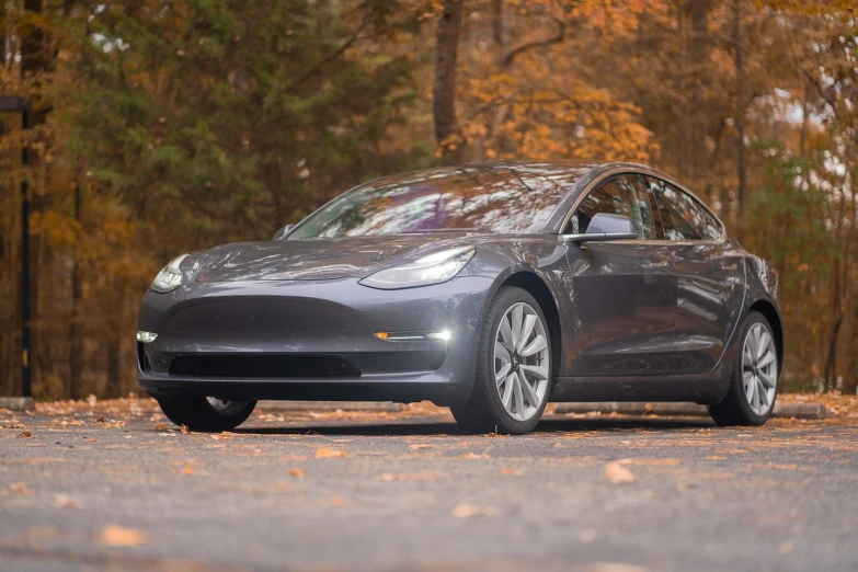 a tesla car parked on the side of the road, a portrait, grayish, car tesla 3, very high resolution, 🍂 cute