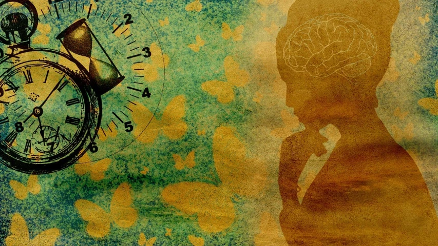 a drawing of a man with a clock in his head, by Anna Füssli, trending on pixabay, digital art, banner, photo of a mechanical butterfly, random background scene, aging