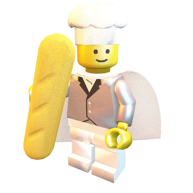 a lego man holding a skateboard and wearing a chef hat, a raytraced image, inspired by Jean Tabaud, polycount contest winner, with bread in the slots, shiny gold, famous chef gordon ramsey, angel
