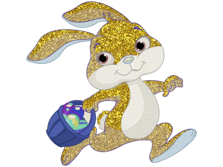 a cartoon bunny running with an easter basket, a digital rendering, by Lena Alexander, pixabay, covered in crystals and glitter, shiny gold, glitter gif, 3 2 x 3 2