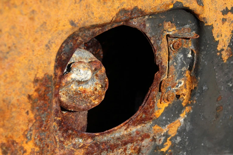 a rusted metal door with a hole in it, a portrait, by Jim Nelson, flickr, inside a mechanical cat's head, high resolution photo, car wreck, depth detail