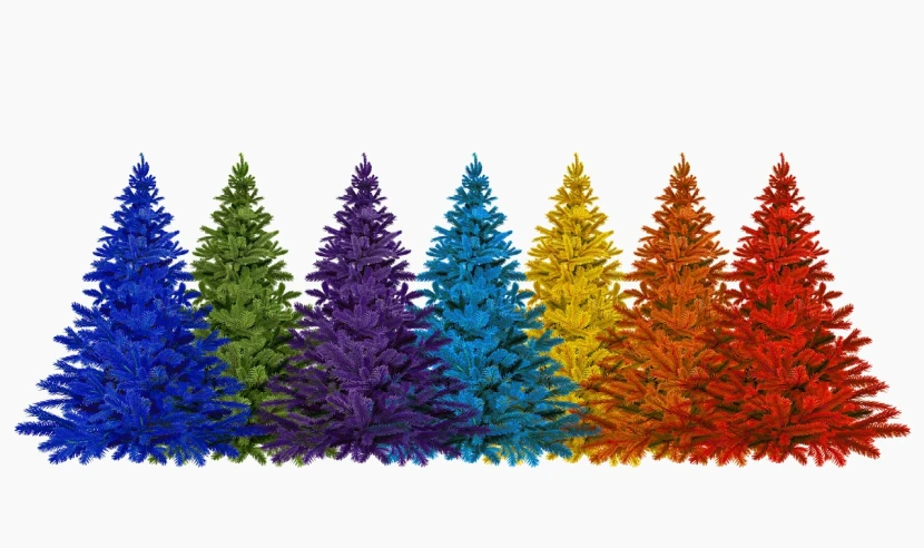 a row of brightly colored christmas trees against a white background, pexels, fine art, just one rainbow 8 k, color wheel, solid colour background”, gay pride