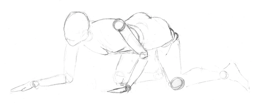 a black and white drawing of a person bending over, a sketch, dribble, figuration libre, anthro paw pov art, front orthographic, pinned joints, scaled arm