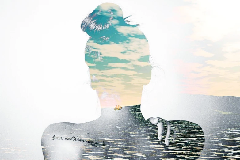 a woman standing in front of a body of water, inspired by Ren Hang, digitally enhanced, topknot, detailed silhouette, collage effect