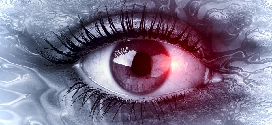 a close up of a close up of a person's eye, surrealism, red lens flare, eye white). full body realistic, eyes = purple, stoned eyes