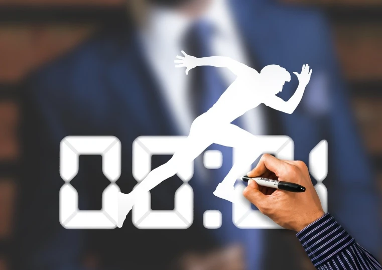 a man in a suit is drawing a clock, a digital rendering, graffiti, marathon race, unbeatable coherency, ultra - high jump, white tracing