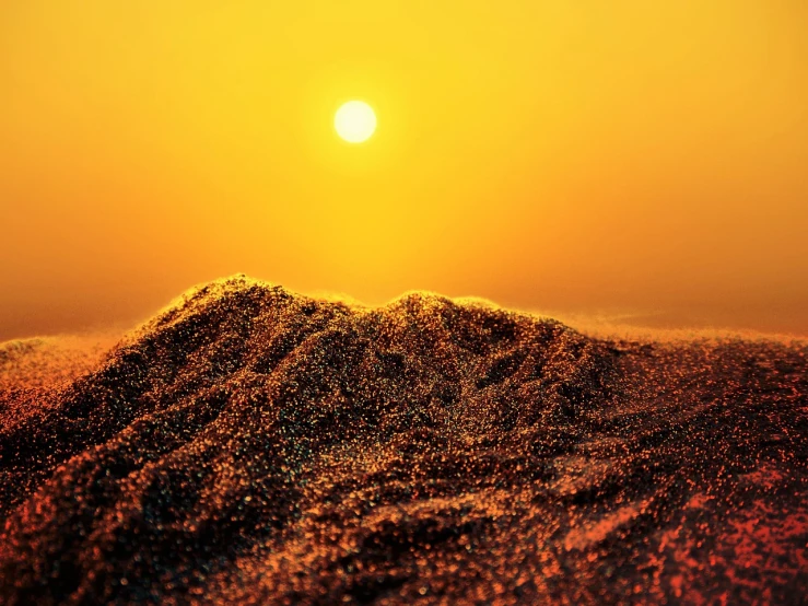 the sun is setting over a mountain of sand, a tilt shift photo, pointillism, particle waves, shiny and sparkling, stunning photo, absolutely outstanding image