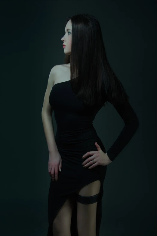 a woman in a black dress posing for a picture, by Andrei Kolkoutine, tumblr, neo-figurative, thick dark hair, professional studio photo, pale woman, tifa