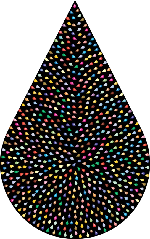 a multicolored christmas tree on a black background, an illustration of, by Tom Scott RSA, symmetrically, drops, vertical orientation, viewed from above