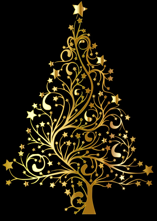 a golden christmas tree on a black background, elaborate floral ornament, beauttiful stars, iphone background, no gradients
