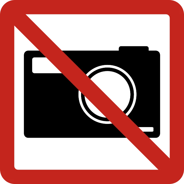 a black and red sign with a picture of a camera, a picture, pixabay, no flash, negative space is mandatory, no gradients, tourist photo