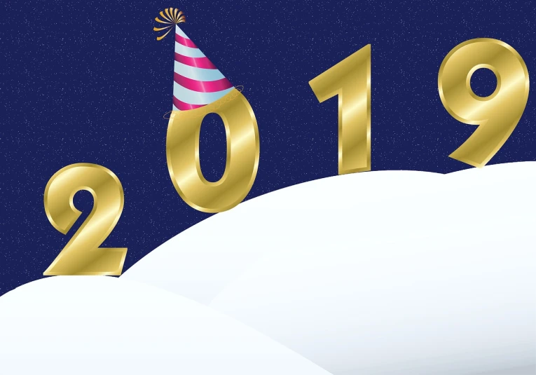 a number with a party hat on top of it, an illustration of, shutterstock, snow landscape background, golden curve structure, 2 0 1 9, detailed 2d illustration