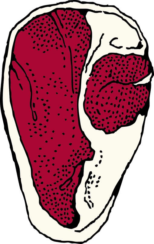 a piece of meat with a bite taken out of it, by Roy Lichtenstein, pixabay, pop art, detailed veiny muscles, face and skin is dark red, thigh skin, cow skull