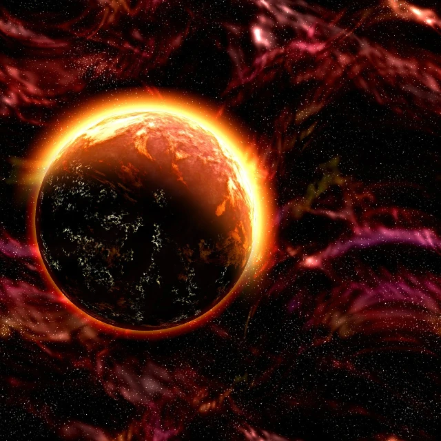a close up of a planet with a star in the background, a digital rendering, flickr, glowing magma sphere, space photo