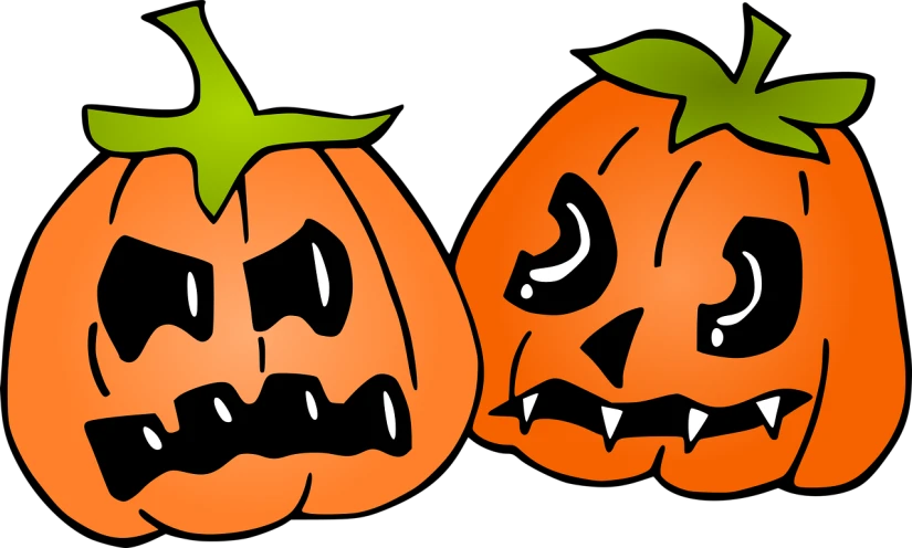 a couple of pumpkins sitting next to each other, vector art, pixabay, digital art, pointed teeth and several eyes, banner, [ digital art, head shot