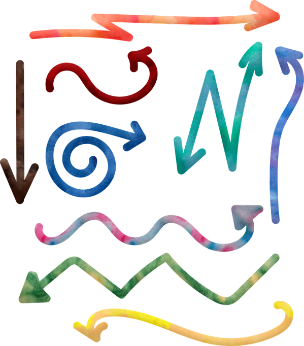 a set of watercolor arrows on a black background, chalk art, by Mac Conner, infinity hieroglyph waves, high-res, swirly tubes, colored photo