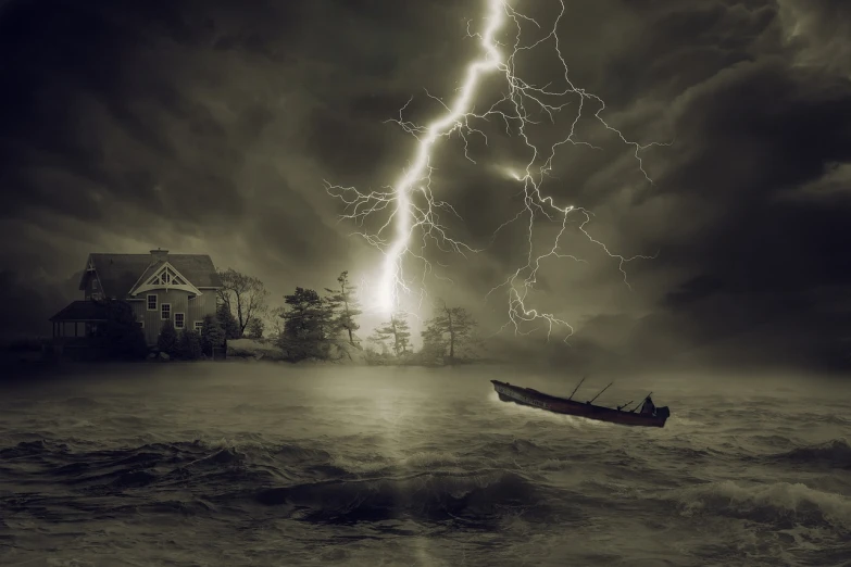 a boat in a body of water with lightning in the sky, a matte painting, shutterstock, dangerous depressing atmosphere, outside the window a storm rages, haunting!, edited